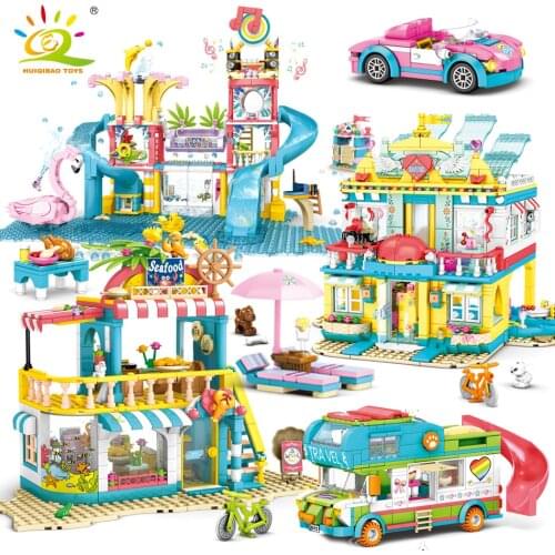 HUIQIBAO Friends Series Summer Seaside Holiday Park Building Block Girls Figures Camper Bus City Bricks set Toys for Children