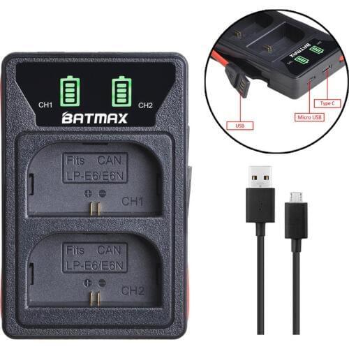 Batmax LP-E6 LPE6 E6N LED Dual Charger with Type C Port&USB Cable for Canon 5D Mark II III 5DS 7D 60D EOS 6D 70D 80D