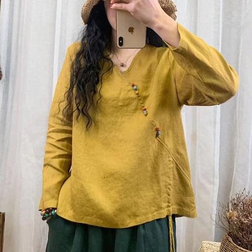 Women Loose V Neck Spring Autumn Blouse Ladies Solid Color Shirt Female Tops Vintage Cotton Linen Shirt Pullovers