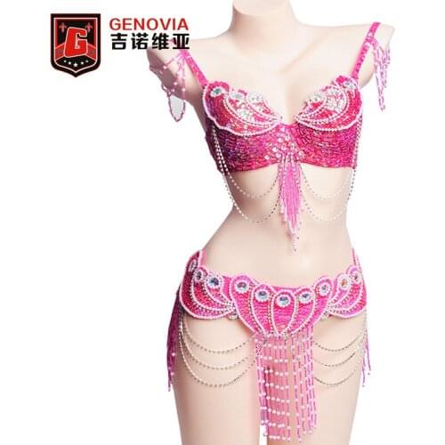 Women Belly Dance Costume 2 Pieces Set Eastern Oriental Beaded Bellydance Top Bra Belt Carnival Tribal Dancing Clothes Outfits