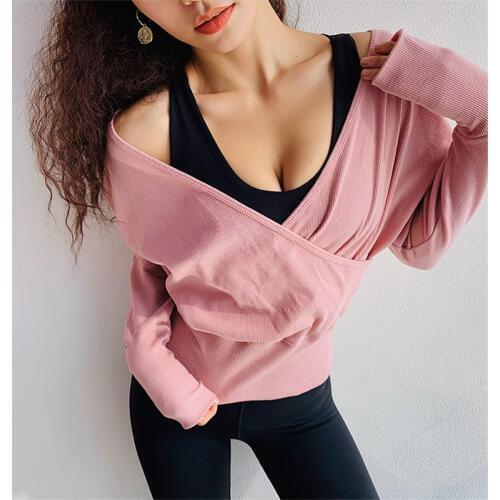 Women Soft Knitted Sport Top Long Sleeves Fitness T Shirt Sexy slouchy Yoga shirts Pink Jersey winter Gym Workout Clothing