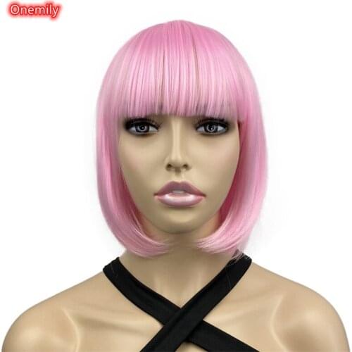 Onemily Short Bob Women Costume Wigs with Bangs Natural Synthetic Straight Pink Halloween Cosplay Wig