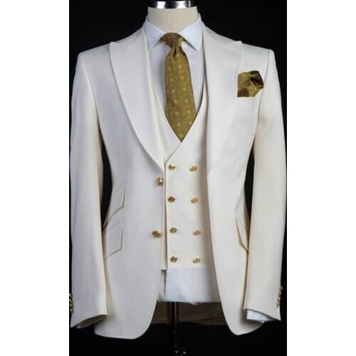 Tailor Made Slim Fit Men Suits for Wedding Groom Tuxedo 3 Piece Peaked Lapel Ivory Set Jacket with Pants Vest Male Fashion