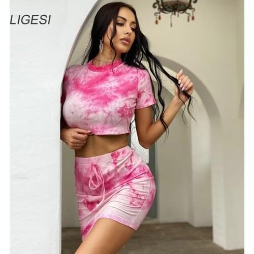 Women Tie Dye Tee and Skirt 2 Piece Set Sexy Bodycon Ribbed Crop Top Summer Outfit Chic Mini 2 Piece Sets Clothes For Women