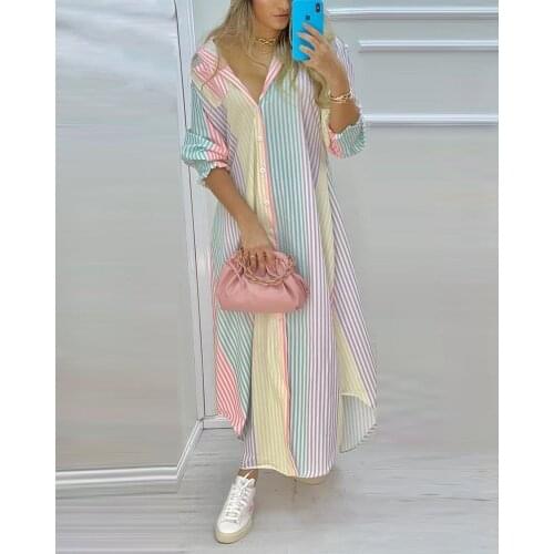 STYLISH LADY Striped Printed Shirt Dress 2021 Summer Women Long Sleeve Turn Down Collar Front Button Casual Loose Long Dress