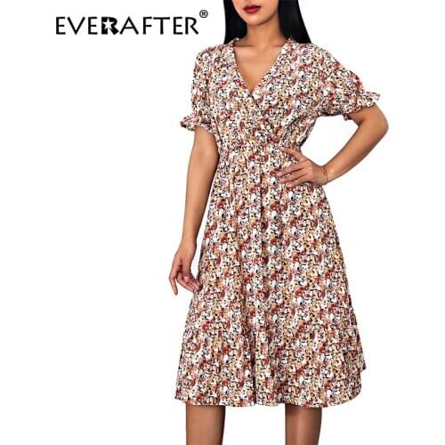EVERAFTER Floral print boho summer dress women v-neck short sleeve high waist bodycon chic beach midi dress casual ladies dress