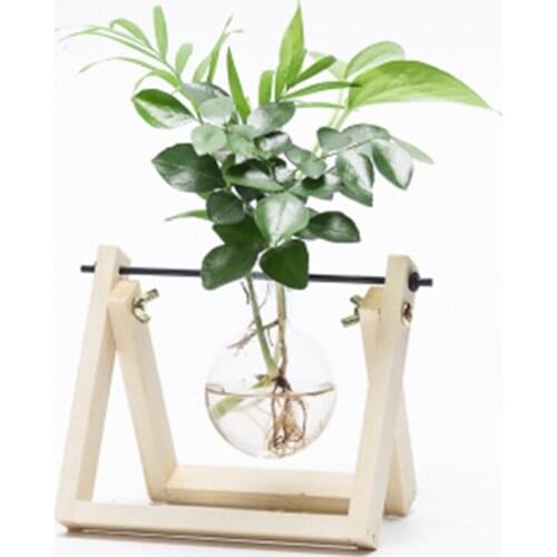 1PC Hydroponic Plant Vases Vintage Flower Pot Transparent Vase Wooden Frame Glass Tabletop Plants Home Decor