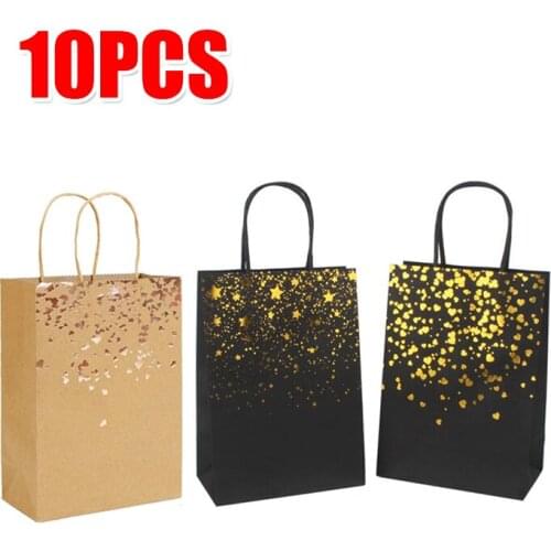 10PC Bronzing Heart Star Kraft Paper Bag Black Personalized Festival Party Gift Packaging Supplies Wedding Baby Shower Favor Bag