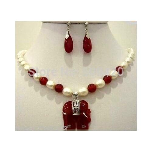 Free Shipping Wholesale>>> JJ6549 Jewelry Fresh water water White pearl red stone pendant necklace earring set