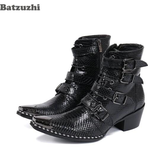 Batzuzhi 6.5cm High Heels Western Cowboy Mens Boots Black Pointed Toe Leather Short Boots Men Buckles Motorcyle/Biking Botas