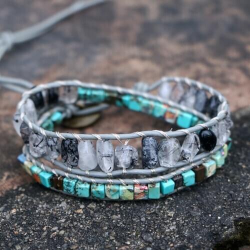 EDOTHALIA Simple Natural Stone Wrap Leather Bracelet Unshape Black Crystal & Sqaure Stone Bead Bracelet