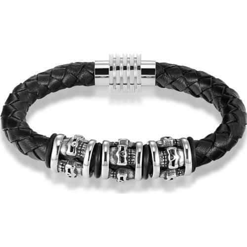 19/21/23cm Fashion Skull Stainless Steel Woven Black Braid Cuff Genuine Leather Bracelets & Bangles For Men Jewelry Summer Gift