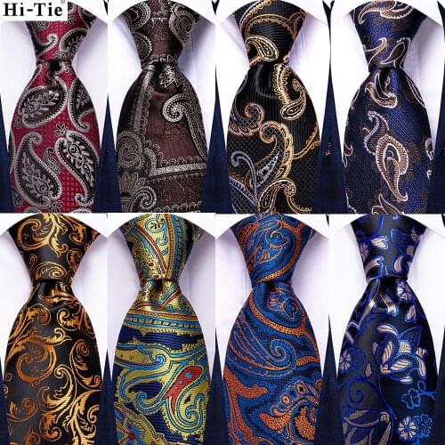 Hi-Tie Novelty Design Teal Blue Gold Paisley Floral Silk Wedding Tie For Men Quality Hanky Cufflinks Nicktie Set Dropshipping