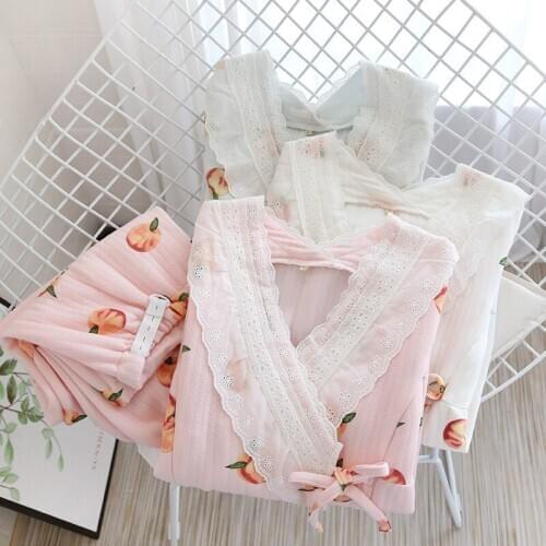 Cotton pajamas warm nightwear thick kimono suit Japanese home service sexy lace underwear pregnant women plus size sleepwear