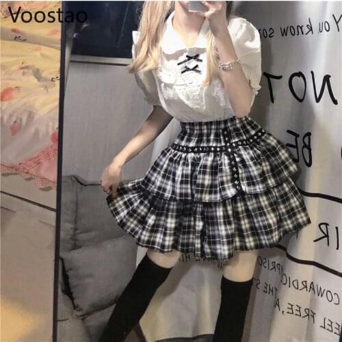Gothic Lolita Style Sets Summer Girly Sweet Bow Ruffles White Blouse Tops And Plaid Tiered Skirts Women Sexy Punk Party Outfits