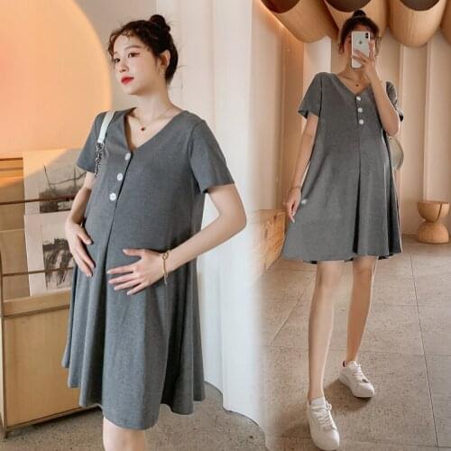 Summer pregnant women T-shirt fashion solid color dresses loose plus size long maternity casual dress for pregnancy