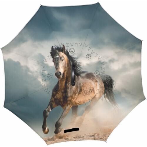 Horse Reverse Umbrella Double Layer Inverted Windproof Rain Car Umbrellas Self Stand Rain Sun Protection C-Hook For Car
