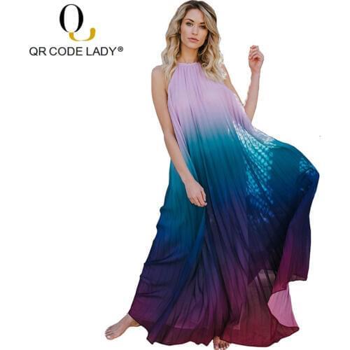 QR Fashion Summer Dress Women 2019 Sexy Backless Boho Beach Maxi Dresses Female Casual Colorful Loose Chiffon Long Party Dress