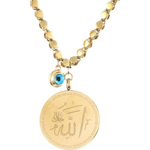 Muslim Demon Eye 100% Colorless Stainless Steel Ladies Round Coin Allah Pendant Necklace Luxury Jewelry Wedding Holiday Gift