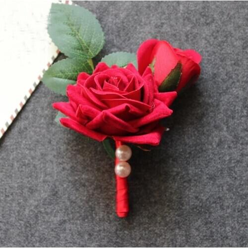 New Wedding Groom Boutonniere Groomsman Corsage Red Artificial Rose Flower Prom Man Brooches Corages Buttonhole Suit Accessories