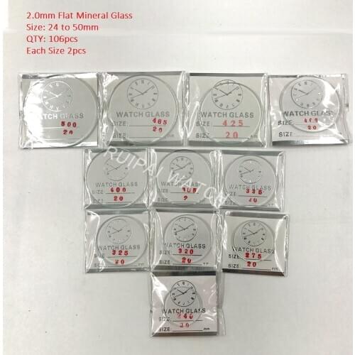 Wholesale 106pcs 2.0MM Thick Flat Mineral Watch Glass Select Size from 24mm to 50mm for Watchmakers and Repair