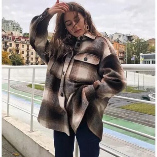 Vintage women coat 2020 long sleeve woolen coats fashion ladies thick plaid coat female streetwear elegant girls oversize jacket