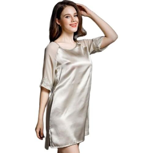 Pure Silk Pajamas Semale Summer Sex Appeal 100% Mulberry Silk Embroidered Round Collar Sleeve Leisure Female Students Home Dress
