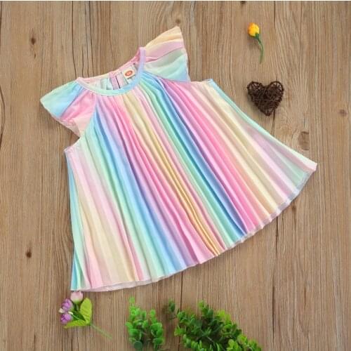 Summer Baby Flying Sleeve Casual Dress Rainbow Pattern Printing Loose A-line Version Beach Dresses Summer Girls Clothing