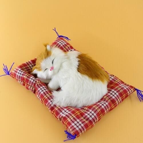 Polyethylene&fur sounds miaow white&yellow sleeping cat model with mat about 12x9cm handicraft home decoration gift b1607