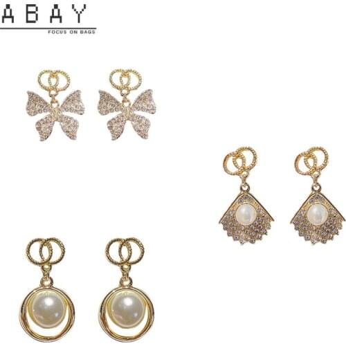 S925 Silver Needle Double Circle Rhinestone Butterfly Earrings Women New Simple Pearl Shell Temperament Design Ear Pendant Trend