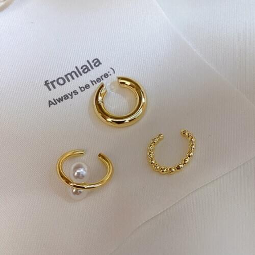 Korean Gold Silver Color Three Circle Pearl Ear Cuff Clip on Earrings for Women Fake Piercing Faux Earring Jewelry