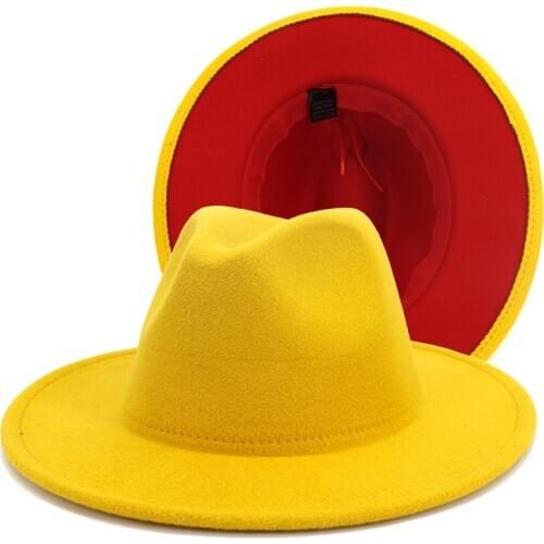 Unisex Outer Yellow Inner Red Wool Felt Jazz Fedora Hats with Thin Belt Buckle Gentleman Elegant Lady Cap