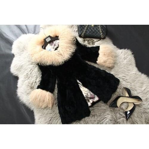 Real natual genuine Rex Rabbit Fur Coat with Lamb Fur Collar Winter fashion Fur Jacket Womens Fleece Overcoa Free shipping t