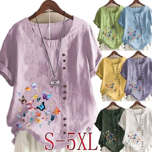 Womens New Fashion O-neck Butterflies Printed Short Sleeve Tops Loose Linen T-Shirt Casual Blouse S-5XL