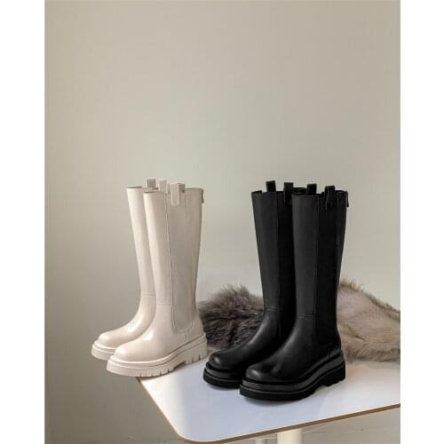 Knee High Boots Women Real Leather High Heel Chelsea Boots Platform Chunky Heel Long Boots Zipper Ladies Shoes White Black New