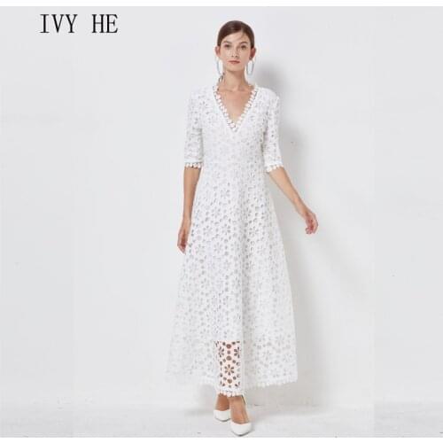 IVY HE High Quality Summer Dress Woman Clothing Hollowed Out Flowers Holiday Midi Long White Dress Traf Robe ZA Party Dresses