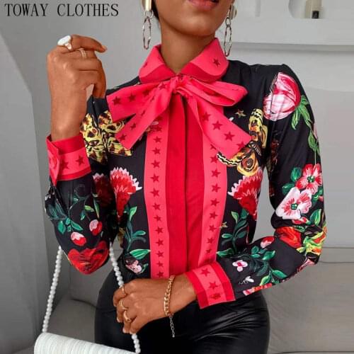 Women Colorblock Pre-Fall Tie Neck Floral Butterfly Print Long Sleeve Blouse Shirt Tops