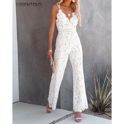 Elegant Jumpsuit Women Summer Sleeveless V-neck Sexy Lace Backless Spaghetti Strap Female Empire Long Jumpsuits Lugentolo