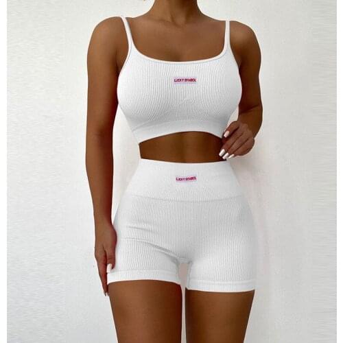 2021 Women Casual Two-piece Clothes Set, U-shaped Collar Sleeveless Crop Tops and Shorts, Pink/ Black/ White