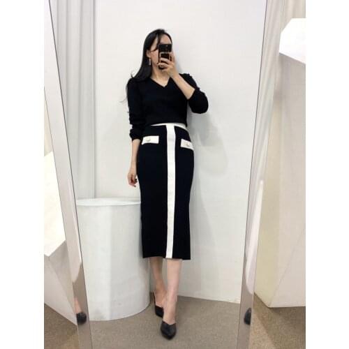 2021 Autumn Korean Knitted Elegant Two Piece Sets Women V-neck Sweater + Color-blocked Long Skirt Ladies Fashion Suits Outfits