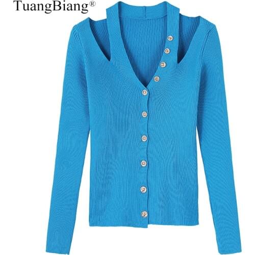 Single Breasted Off shoulder Long Sleeve Autumn Sweater Women Deep V-neck Button 2020 pullover Ladies Blue Slim knit Jumper Tops