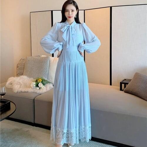 Bow Collar Light Blue Summer Dress Women Lantern Sleeve Lace Pleated Dress Self-Portrait Chiffon Maxi Dress Long Autumn B258
