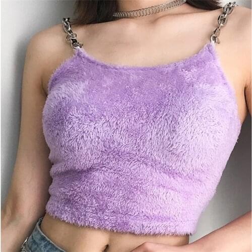 Fur Metal Chain Strappy Vest Tops Summer Fashion Womens Sexy Camis Fluffy Sleeveless Crop Tops Ladies Pullover Vest Camis