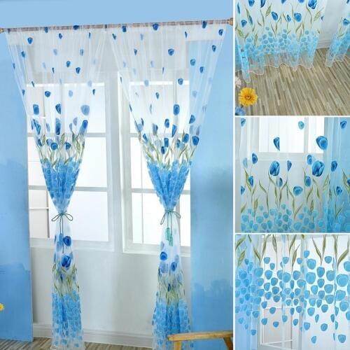 1Pc Durable 1x2m Polyester Tulip Flower Pattern Print Curtain Panel Balcony Window Tulle Home Drapery Decor