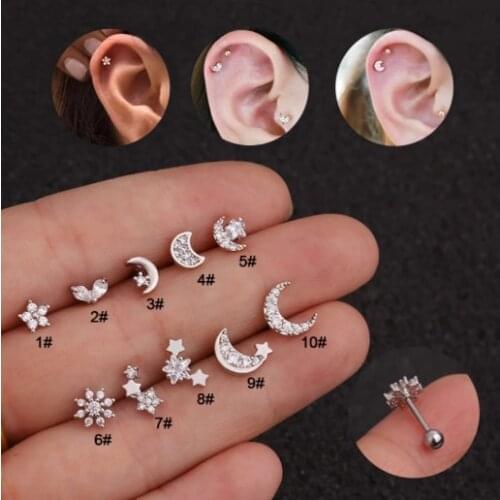10 styles silver Color fashion zircon ear bone studs stainless steel flower screw earrings creative piercing jewelry