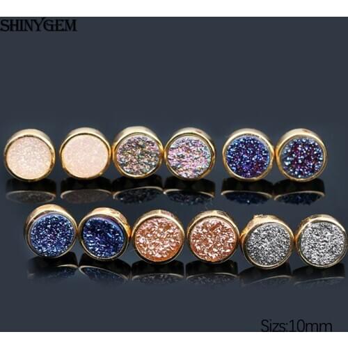 2020 Trendy Women 10mm Round Natural Quartz Druzy Stone Stud Earrings Fashion Rainbow Geode Gold Plating Earrings Girl Jewelry