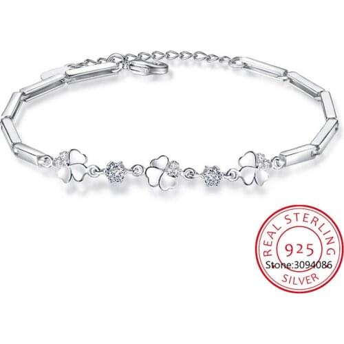 925 Sterling Silver Zirconia Good Luck Clover Charms Bracelets For Women pulseira feminina Valentines Day present S-B105