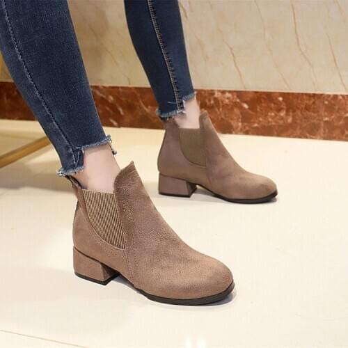 Women Shoes Autumn Woman Ankle Boots Suede Black Chelsea Boot Slip on Ladies Casual Thick Heel Shoe Fashion Comfort Female