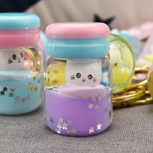 Cute Acrylic Simulation Yogurt Bottle Keychain Macaron Floating Quicksand Kitten Doll Key Ring for Women Girl Bag Pendant Keyfob