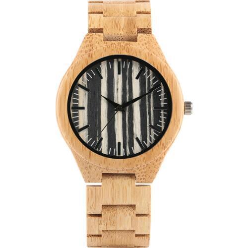 Wood Watch Men Stripe Dial Bamboo Timepieces Casual Watches Bamboo Leather Band Male Clock Gifts New Arrival montre homme